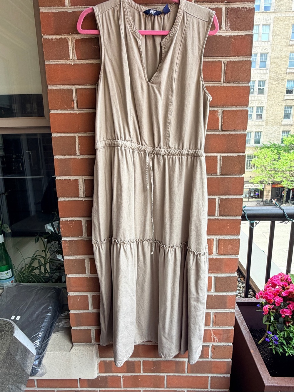 Lands' End Sleeveless Tiered Drawstring Maxi Dress in Beige